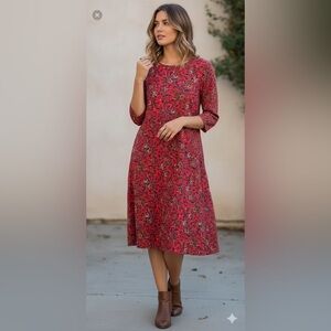 Zanzea MIDI Red Floral Pull Over Dress 3/4 Sleeves Size Medium Cottagecore